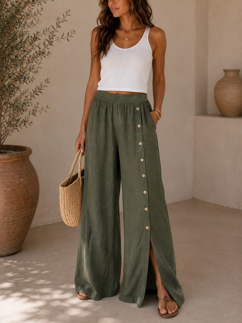 Wide-Leg Button-Detail Pants - Olive
